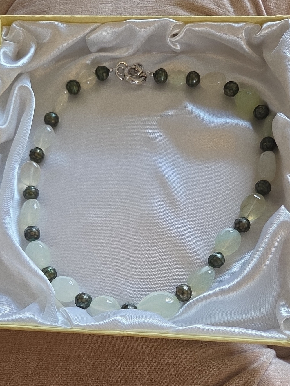 Handcrafted Green Chalcedony and Dark Pearl Bead Necklace